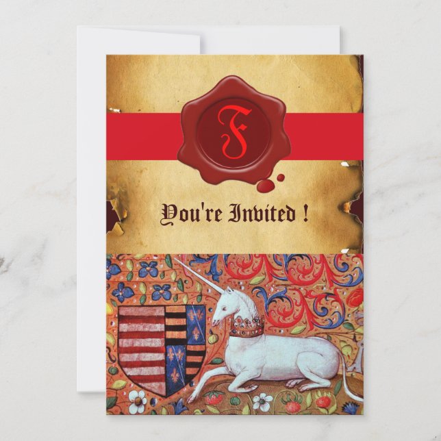 UNICORN BLOMMIGT PARCHMENT RED VAX SEAL MONOGRAM INBJUDNINGAR (Framsida)