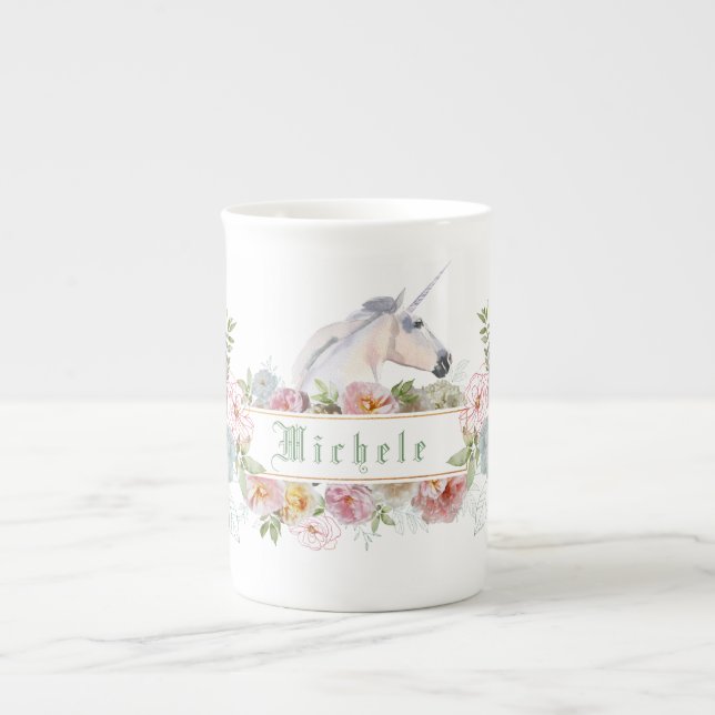 Unicorn Blommigt Personlig Bone China Mugg Benporslin Mugg (Framsidan)