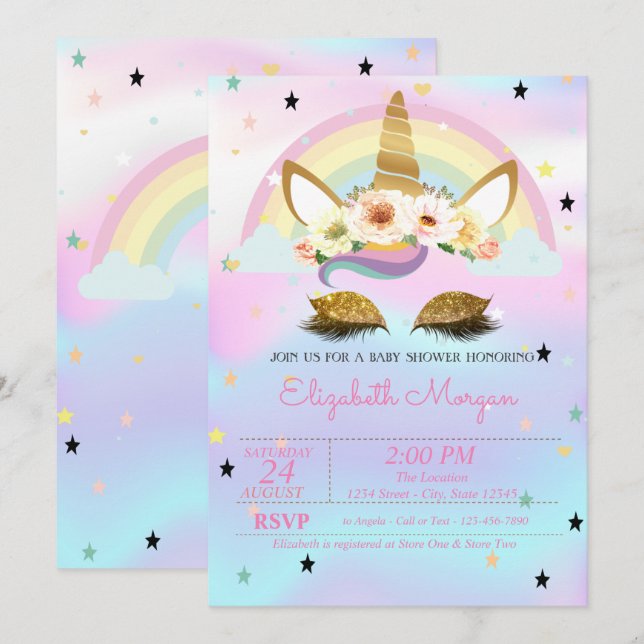 Unicorn Blommigt Rainbow HoloGraph Baby Shower Inbjudningar (Fram/baksida)