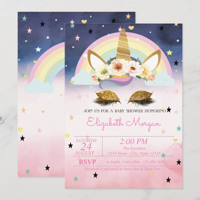 Unicorn Blommigt Rainbow Ombre Baby Shower Inbjudningar (Fram/baksida)