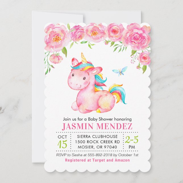 Unicorn Blommigt Rosa Girl Baby Shower Sprinkle Inbjudningar (Framsida)