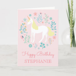 Unicorn Blommigt  Rosa Personlig Birthday Kort