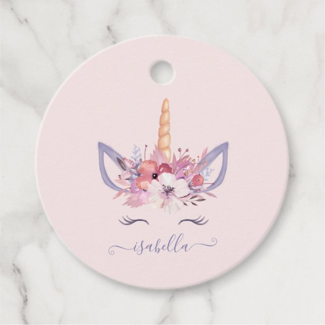 Unicorn-blommigtens vattenfärgsdag gåvor etiketter (Framsida)