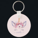 Unicorn-blommigtens vattenfärgsdag nyckelring<br><div class="desc">Roligt Unicorn ansikte blommigt vattenfärgsfoto födelsedagsfest inbjudan. Stil er party i stil med denna magiska boho stil med blommigt och pil inslag... </div>