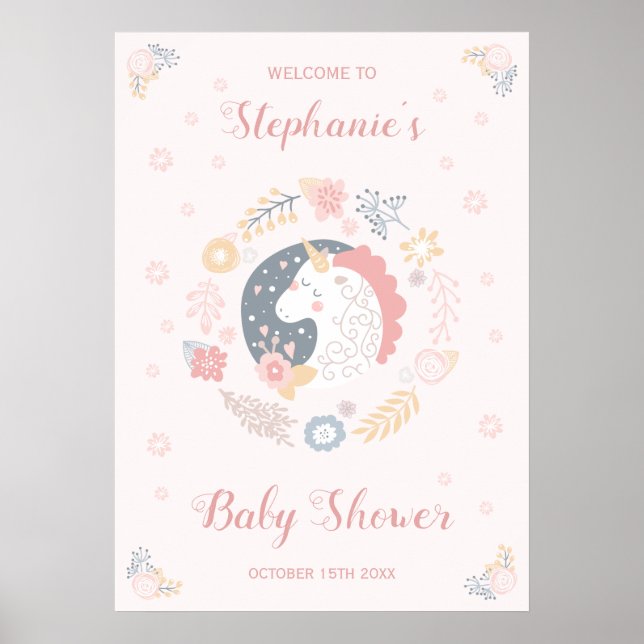 Unicorn  Blommigts Baby Shower-Personlig Poster (Framsidan)