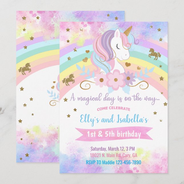 Unicorn & blommor syskon födelsedagsinbjudan. inbjudningar (Fram/baksida)