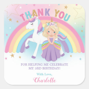 Unicorn Blonde Princess Birthday Tack Favor Fyrkantigt Klistermärke