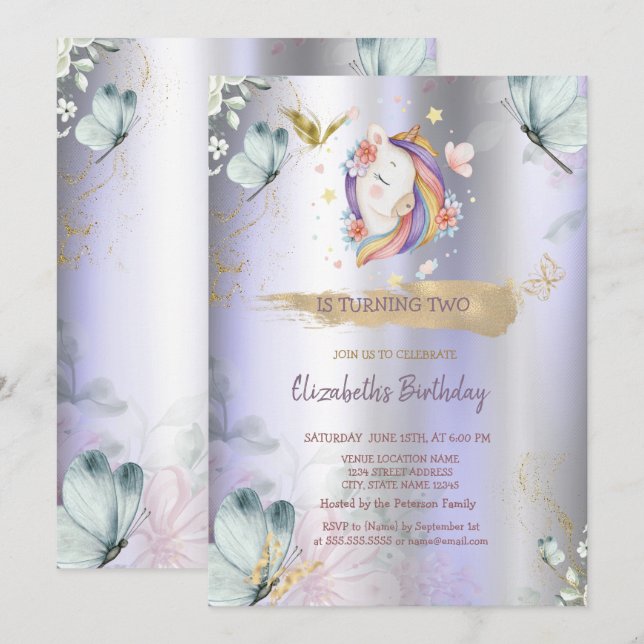Unicorn Blue Butterflies Violet Metallic Birthday Inbjudningar (Fram/baksida)