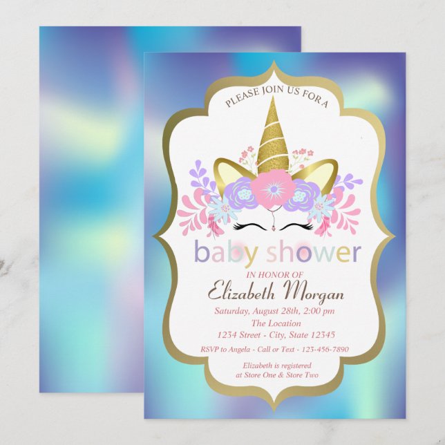 Unicorn,Blue Holophy Baby Shower-inbjudan Inbjudningar (Fram/baksida)