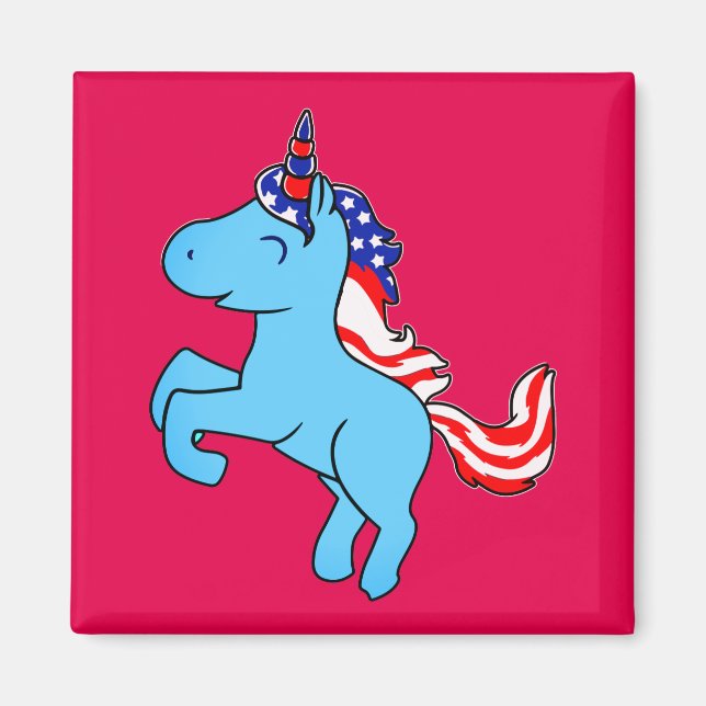 Unicorn Blue Patriotic USA flagga Mane Tecknad Magnet (Framsidan)