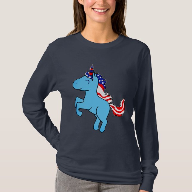 Unicorn Blue Patriotic USA flagga Mane Tecknad T Shirt (Framsida)