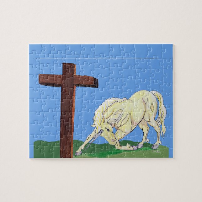 Unicorn bowing till kor Christian puzzle Pussel (Horisontell)