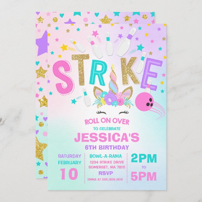 Unicorn Bowling-inbjudan, Bowling-Födelsedagsfest Inbjudningar (Fram/baksida)