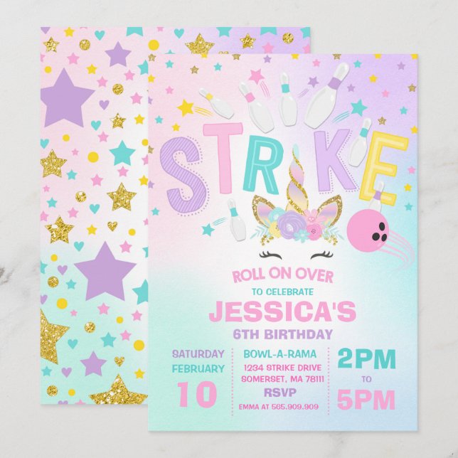 Unicorn Bowling-inbjudan, Bowling-Födelsedagsfest Inbjudningar (Fram/baksida)