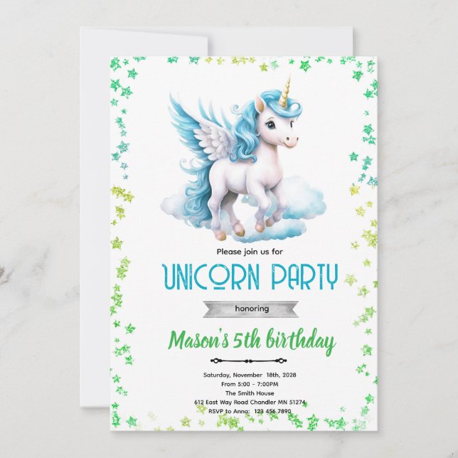 Unicorn boy birthday party invitation inbjudningar (Framsida)