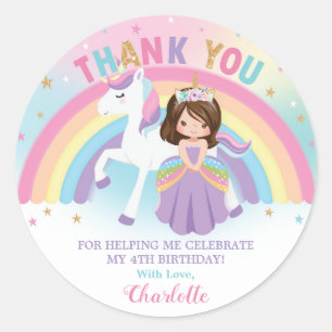 Unicorn Brunette Princess Birthday Tack Favor Runt Klistermärke