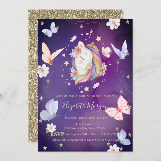 Unicorn Butterflies Glitter Violet Baby Shower Inbjudningar (Fram/baksida)