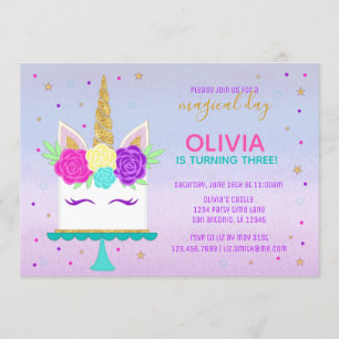 Unicorn Cake Birthday Investigation Rosa Lila Guld Inbjudningar