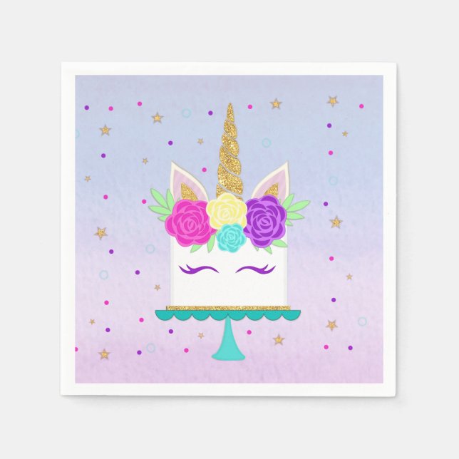 Unicorn Cake Party Napkin Rosa Lila Guld Pappersservett (Framsidan)
