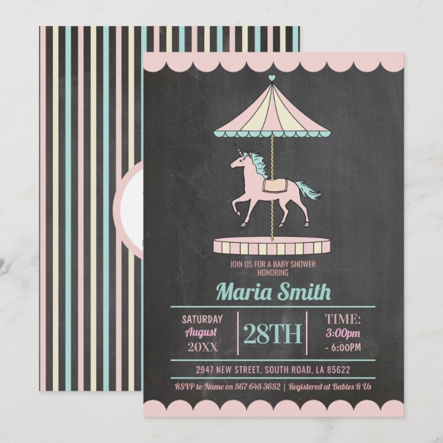 Unicorn Carousel Baby Shower Inbjudan Girl Rosa (Fram/baksida)