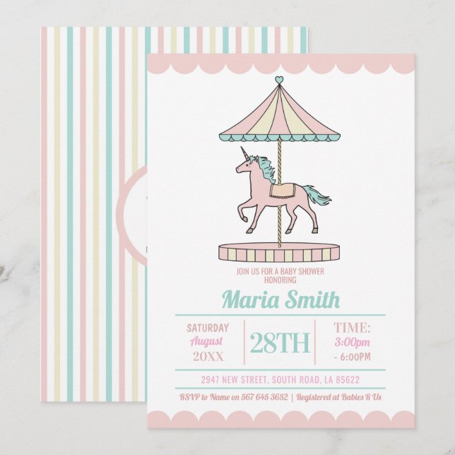 Unicorn Carousel Baby Shower Inbjudan Rosa Mint (Fram/baksida)