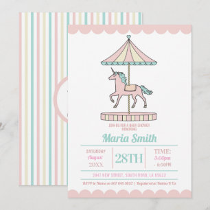 Unicorn Carousel Baby Shower Inbjudan Rosa Mint