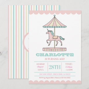 Unicorn Carousel Birthday Investigation Rosa Mint Inbjudningar