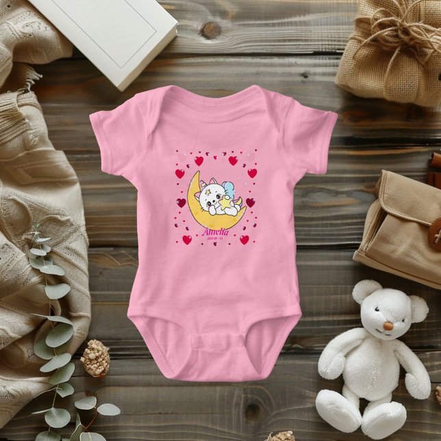Unicorn Cat Dreams Magical Moon Hearts  T Shirt (Kawaii Unicorn Cat on the Moon Baby Wear)