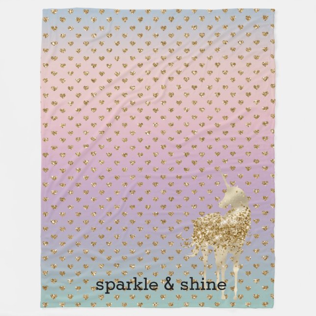 Unicorn Confetti Ombre Guld Glitter Hearearts Fleecefilt (Framsidan)