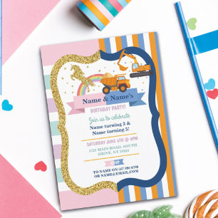 Unicorn & Construction Joint Boy Girl Birthday Inbjudningar
