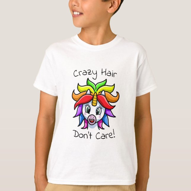 Unicorn Crazy Hair bryr sig inte om kul T Shirt (Framsida)