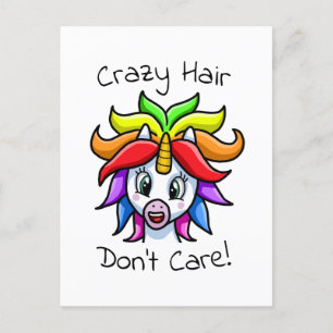 Unicorn Crazy Hair Don't Care Funny Helg Vykort