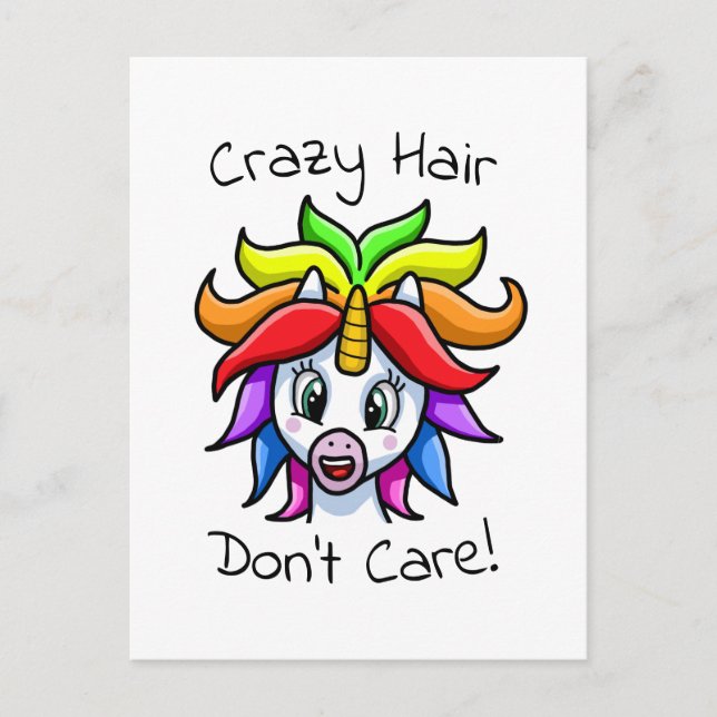 Unicorn Crazy Hair Don't Care Funny Helg Vykort (Framsida)