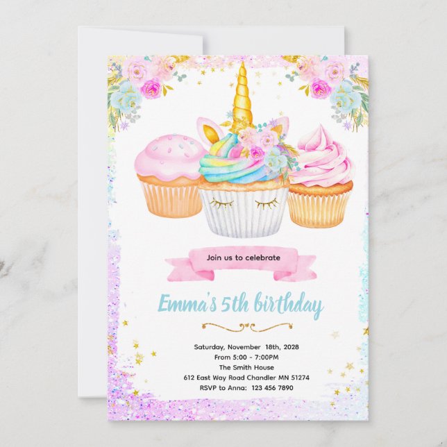 Unicorn cupcake birthday party invitation inbjudningar (Framsida)