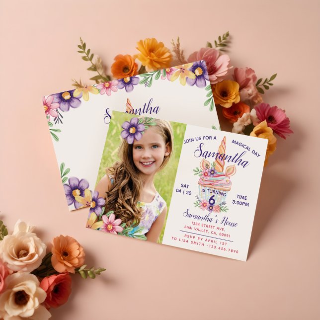 Unicorn Cupkaka Photo Födelsedagsfest inbjudan (Unicorn Cupcake Photo Birthday Party Invitation)