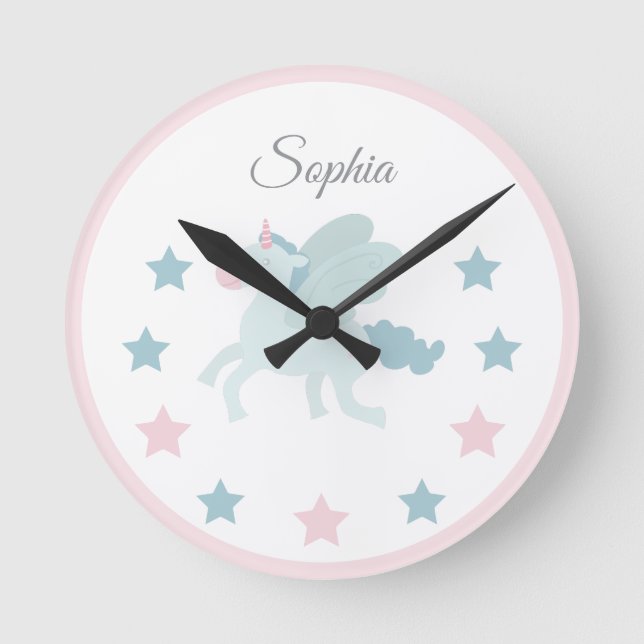 Unicorn Custom Name Cute Pink Blue  Rund Klocka (Framsida)