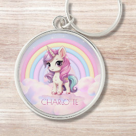 Unicorn Custom Name Rainbow Girly Rund Silverfärgad Nyckelring