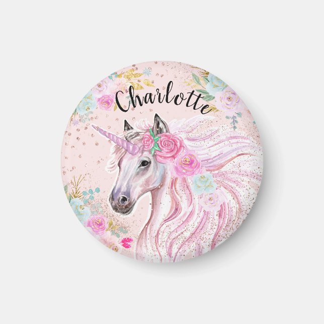 Unicorn Cute Birthday Anpassningsbar Rosa Guld Gli Magnet (Framsidan)