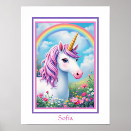 Unicorn Cute Girl and Lila Add Namn Poster