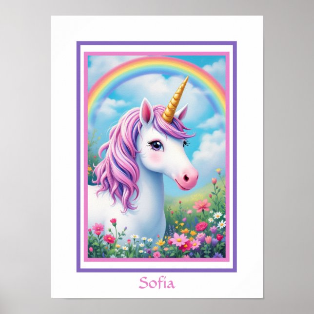 Unicorn Cute Girl and Lila Add Namn Poster (Framsidan)