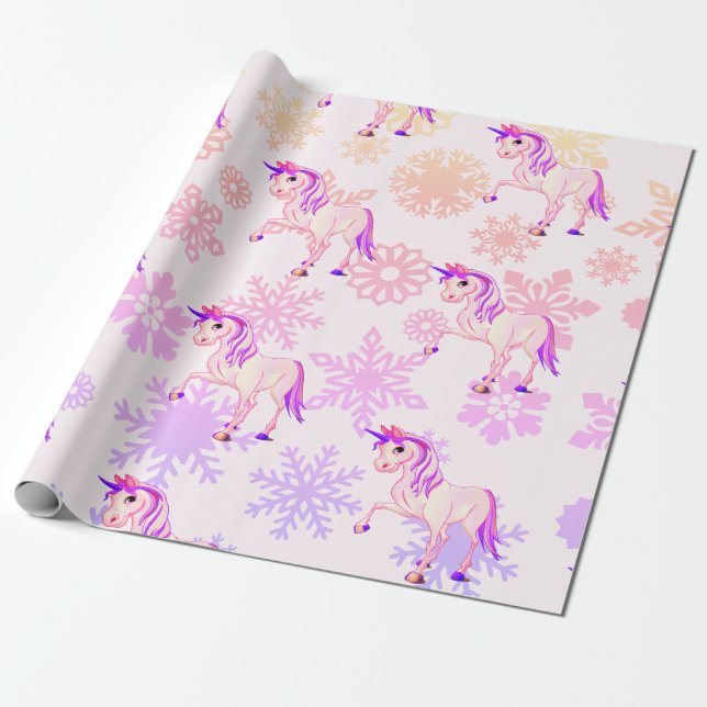 Unicorn Cute Girl Whimsical Rosa Snöflingor Presentpapper (Utrullad)