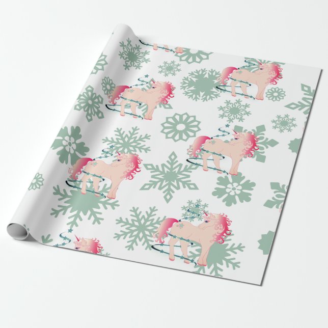 Unicorn Cute Girl Whimsical Snöflingor Presentpapper (Utrullad)