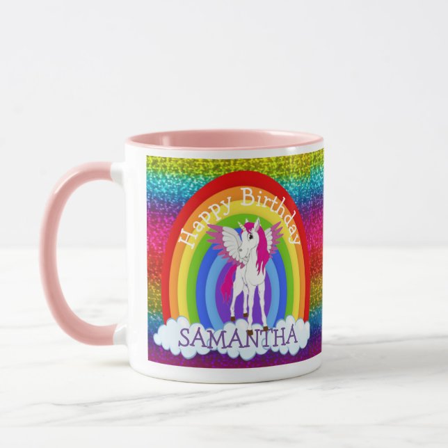 Unicorn Cute Grattis på födelsedagen Rainbow Glitt Mugg (Vänster)