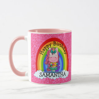 Unicorn Cute Grattis på födelsedagen Rosa Glitter Mugg