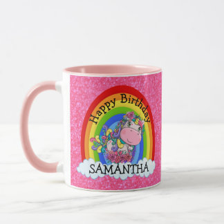 Unicorn Cute Grattis på födelsedagen Rosa Glitter Mugg