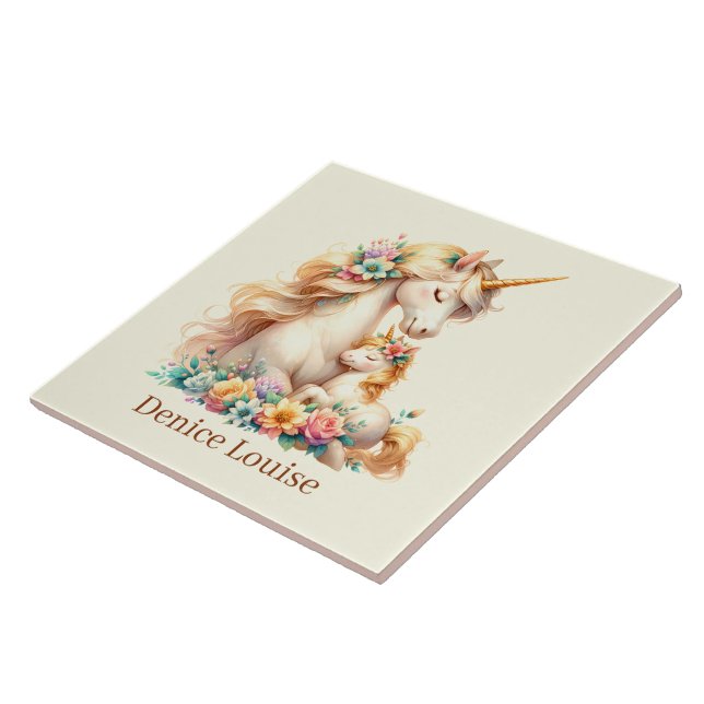 Unicorn Cute Mamma och baby Kakelplatta (Sidan)