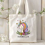 Unicorn Cute Whimsical Girly Personlig Namn Tygkasse<br><div class="desc">Unicorn Cute Whimsical Girly Rosa Blommigt Personlig Namn Tote Bag har en söt Unicorn med stjärnor,  hjärtan och blommor. Perfekt för back to school,  påsar för flickor i bok,  gåvor och födelsedagsfester i personlig,  julklappar för flickor och annat. Designad av ©Evco Studio www.zazzle.com/store/evcostudio</div>