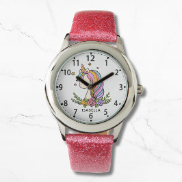 Unicorn Cute Whimsical Girly Rosa Blommigt Girl Armbandsur