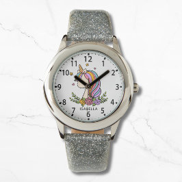 Unicorn Cute Whimsical Girly Rosa Blommigt Girl Armbandsur