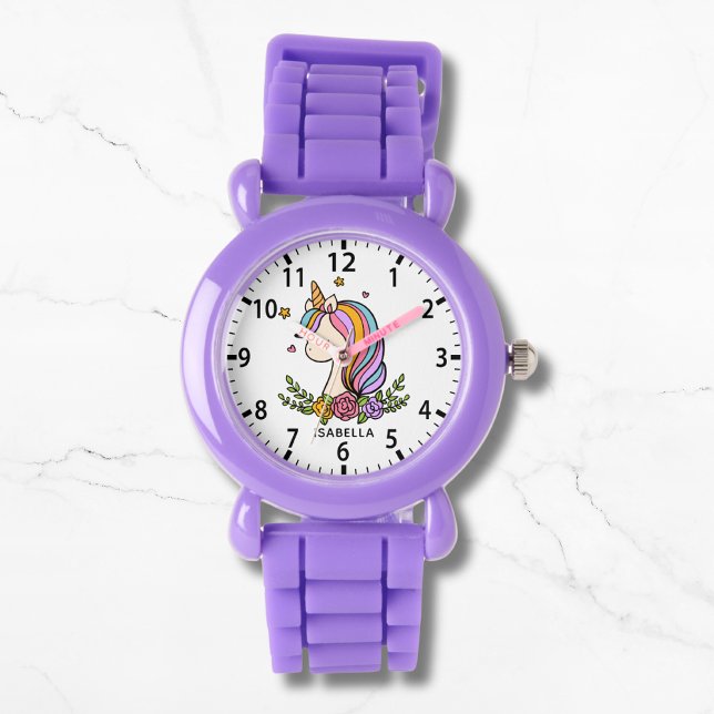 Unicorn Cute Whimsical Girly Rosa Blommigt Girl Armbandsur (Skapare uppladdad)